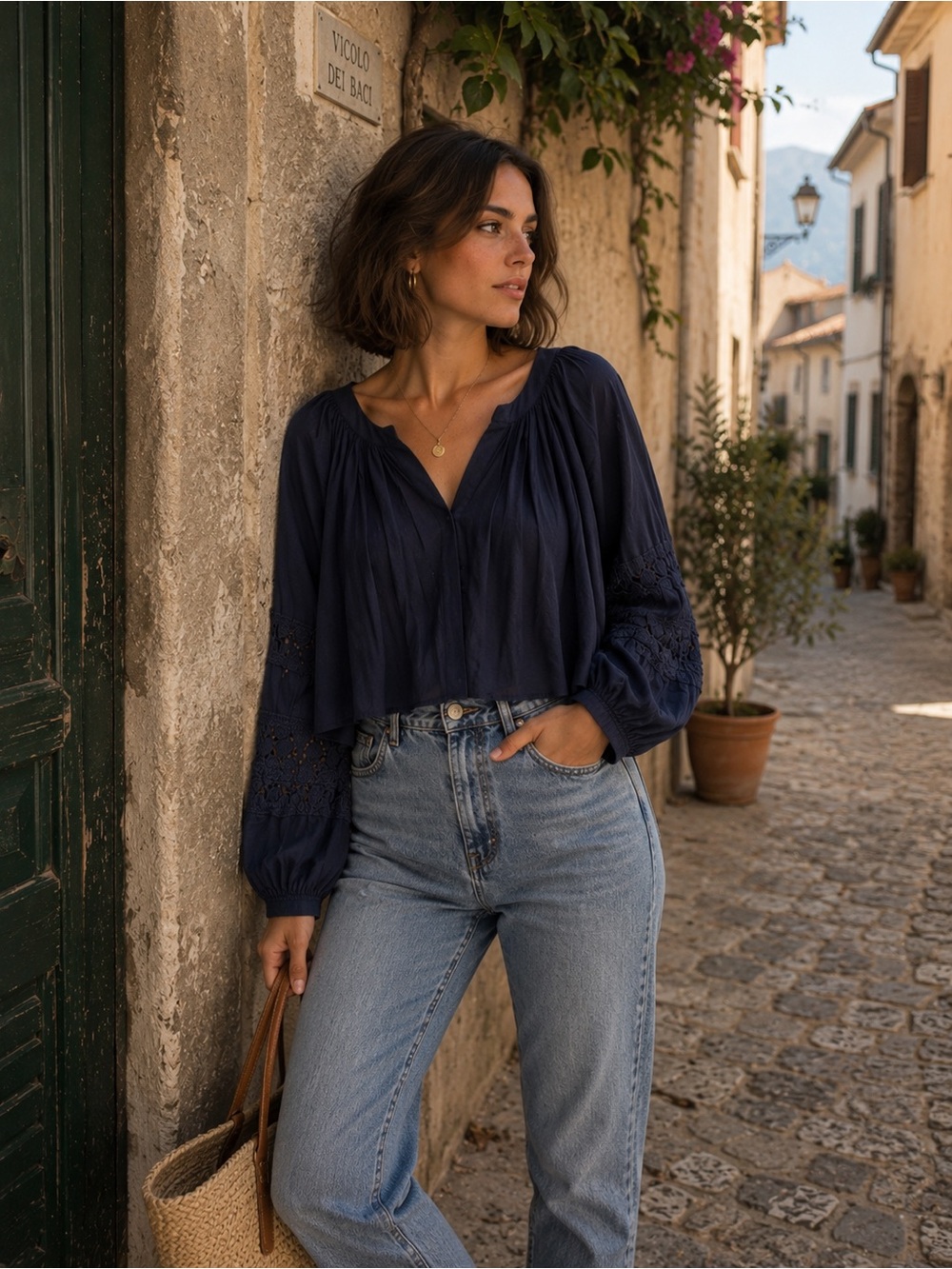aerie Navy Peasant Blouse with Eyelet Sleeves